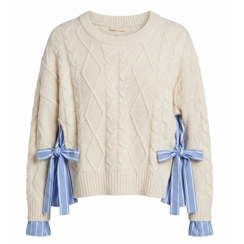 Anthropologie Large Cream Cable Knit Sweater Blue Striped Side Tie Faux Layers